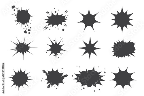 Comic burst explosion vector, comic boom elements, and speech bubbles in black silhouettes. Ideal for comic designs, pop art.