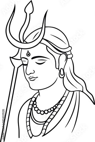 Line Art Illustration Of Lord Shiva With Trishul And Necklace In Meditative Pose