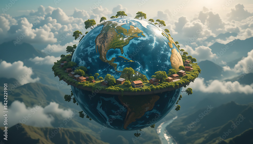 Naklejka premium aerial view of the world, World Fair Trade Day Celebration Featuring a Decorated Green Earth Symbolizing Sustainability, Environmental Responsibility, and the Global Impact of Fair Trade