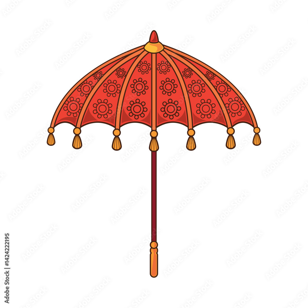 Indian Umbrella Red Floral Festival Ornament Traditional Decorative Parasol Vector