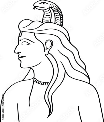 Line Art Drawing Of Lord Shiva With Cobra Snake On His Head