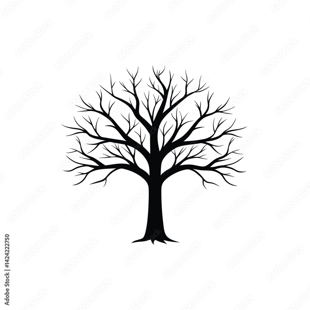 Fototapeta premium Leafless Symmetrical Tree Illustration in High Contrast Botanical Style.