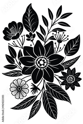 Elegant floral arrangement in black and white botanical illustration