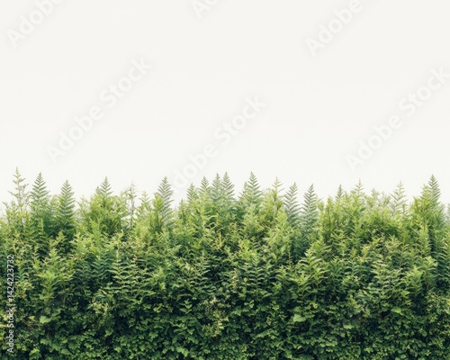 Green hedge row beneath a bright, plain sky