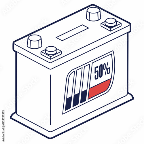 Isometric Vector Illustration Of Car Battery With Fifty Percent Power Level