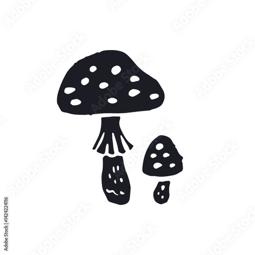 Hand drawn monochrome inky silhouettes of amanita mushroom. Poisonous fungy black and white doodles
