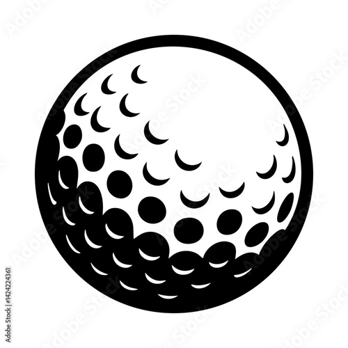 Golf ball with crescent dimples in half-shadow. Black and white vector icon isolated on white background. Stylized sports equipment illustration. Design for logo, print, banner, poster, sticker