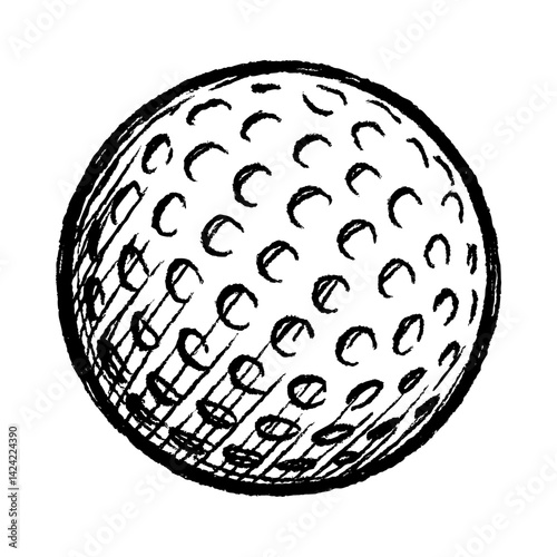 Golf ball with hand-drawn dimple texture and shadow. Black and white sketch style illustration isolated on white background. Vintage sports equipment icon. Design for poster, sticker, print