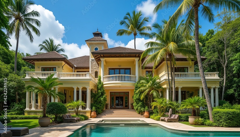 Fototapeta premium An opulent tropical residence featuring a private pool, lush greenery, and expansive architecture beneath a vibrant sky.