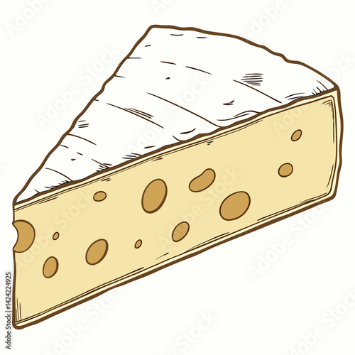 Hand Drawn Triangle Piece Of Swiss Cheese With Holes And Rind Vector
