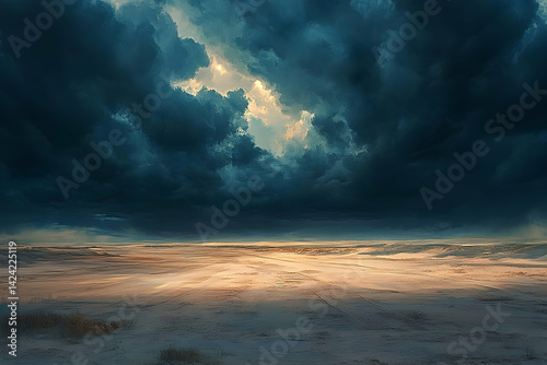 Dark clouds gather over a vast, sandy plain.