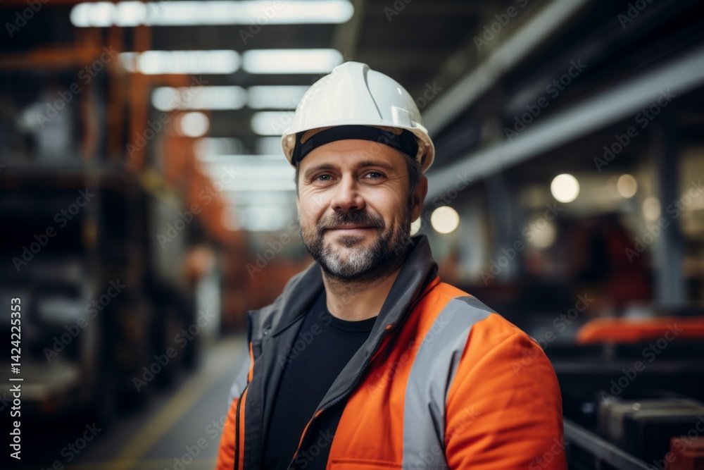 confident smiling man portrait in a factory worker confident smiling man portrait in a factory worker