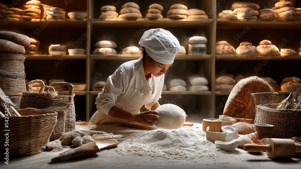 Female baker kneading dough, sprinkling flour at rustic bakery workspace with artisan bread baskets and wooden shelves in background