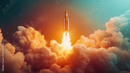 Rocket launch into the night sky, shrouded in clouds of fire. photo