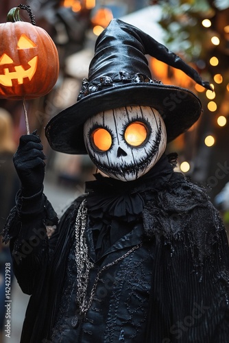 Individual in a spooky halloween outfit is holding a luminous pumpkin