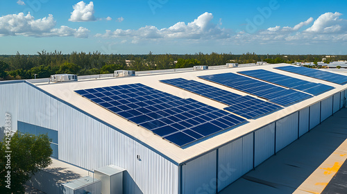 Aerial View of Solar Panels on Industrial Building Roof