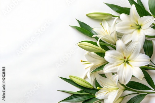 Beautiful White Lily Flowers in Bloom with Green Leaves on Clean White Background Peaceful and Elegant Botanical Border for Spa, Wedding Invitation, Spring or Sympathy Concept