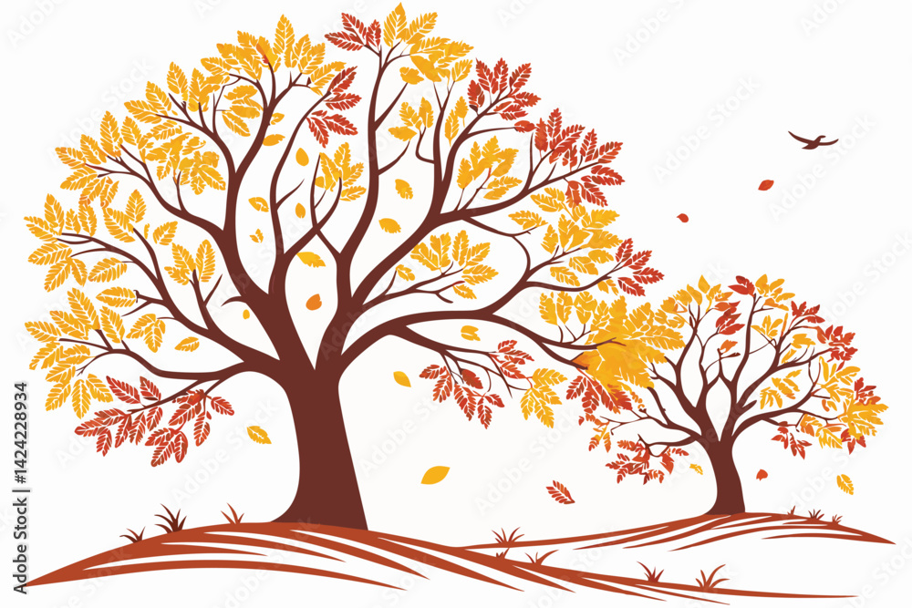 Obraz premium 11 Autumn trees, golden yellow foliage, vibrant orange leaves, detailed branches, isolated on white background, digital illustration, vector art style, symmetrical composition, seasonal landscape, bot