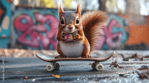 Playful squirrel on a skateboard, holding a nut.