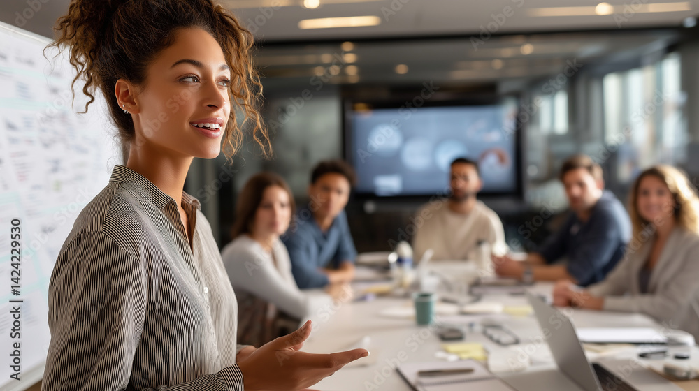 Confident businesswoman gesturing while giving a presentation to her colleagues in a bright modern office