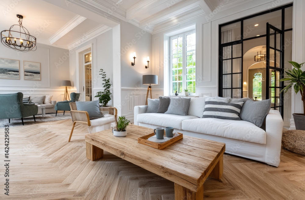 Fototapeta premium A spacious living room with white walls, parquet flooring in light wood tones, and an elegant chandelier hanging above the sofa.