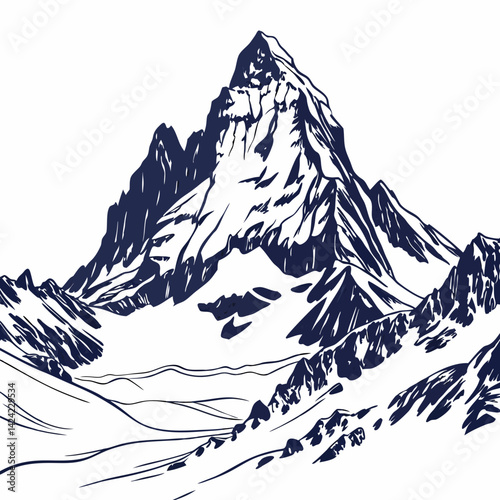 Monochrome Mountain Range Peak Isolated On White Background Minimalist Vector Landscape