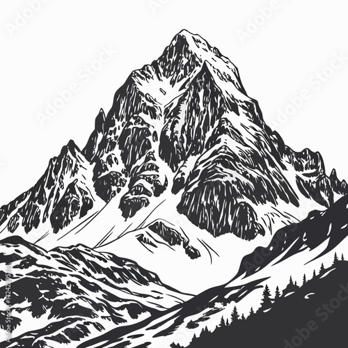 Majestic Mountain Range Vector Illustration In Black And White Detailed Landscape Scene