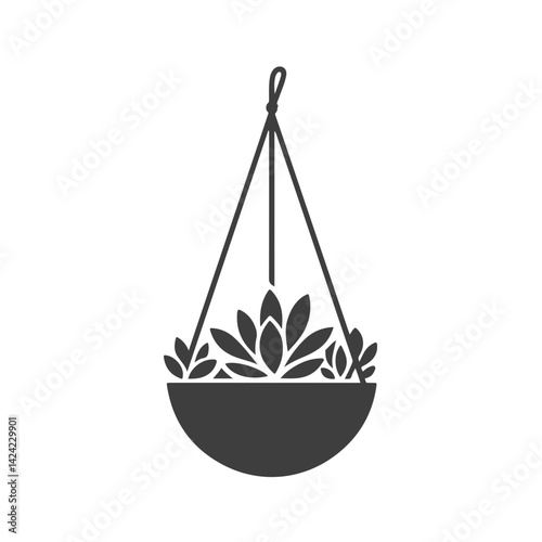 Monochrome Silhouette Illustration of a Hanging Planter with a Succulent Plant Suspended by Macrame or Rope Hangers

