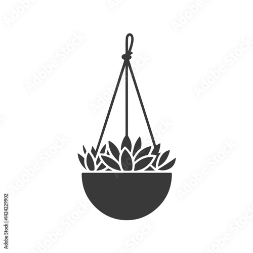 Monochrome Silhouette Illustration of a Hanging Planter with a Succulent Plant Suspended by Macrame or Rope Hangers

