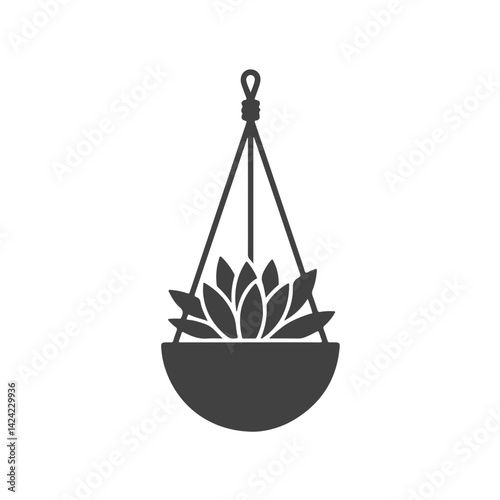 Monochrome Silhouette Illustration of a Hanging Planter with a Succulent Plant Suspended by Macrame or Rope Hangers

