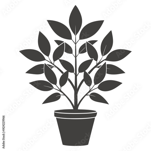 Stylized Silhouette of a Young Plant Growing in a Square Flowerpot.
