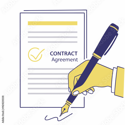 Hand Signing A Contract Agreement Document With A Pen Business Illustration