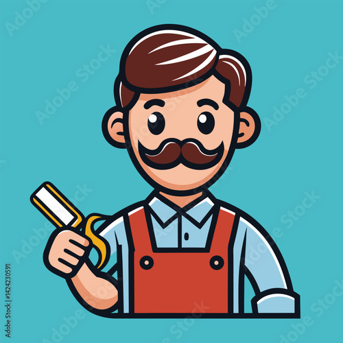 Cartoon Barber With Stylish Mustache Holding Scissors Isolated On Blue Background
