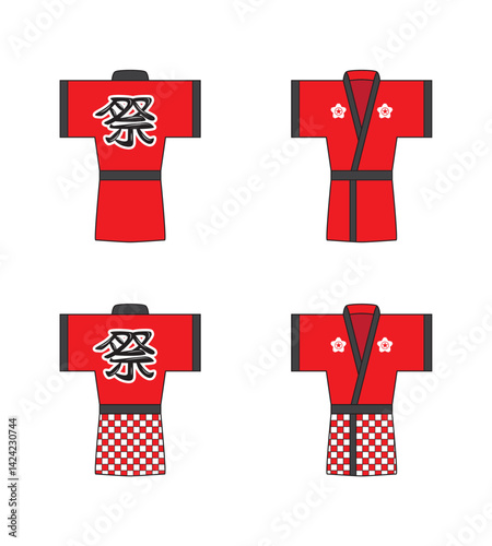 Red Japanese coat called happi with large Japanese text in back called matsuri meaning festival  drawing in colorful cartoon vector