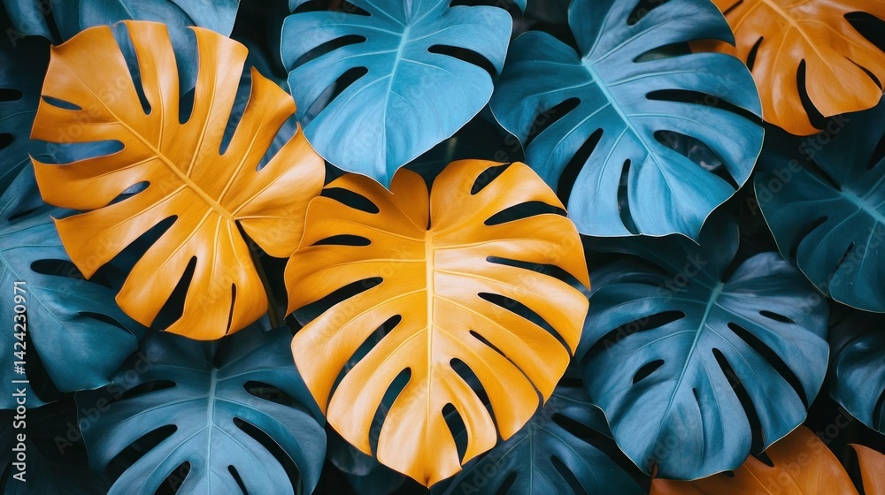Close-up view of vibrant teal and golden monstera leaves, forming a textured background. Close-up view of vibrant teal and golden monstera leaves, forming a textured background.