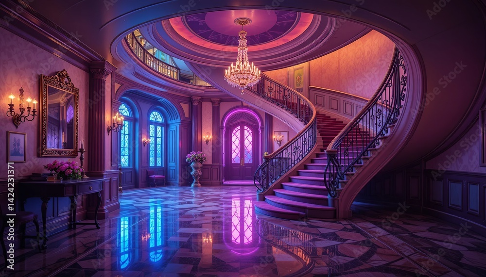 Obraz premium Opulent hall with spiral staircase, bathed in neon lights, features luxurious architectural details and a glowing chandelier above.
