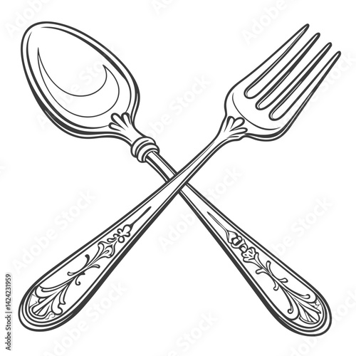 Ornate Black And White Crossed Fork And Spoon Drawing Design Vector Illustration