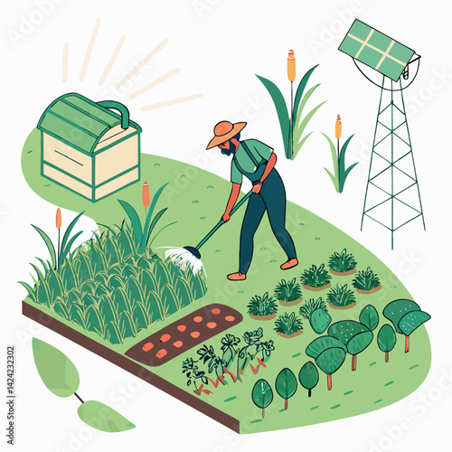 Gardener Tending Organic Farm Near Solar Panel Wind Turbine Illustration