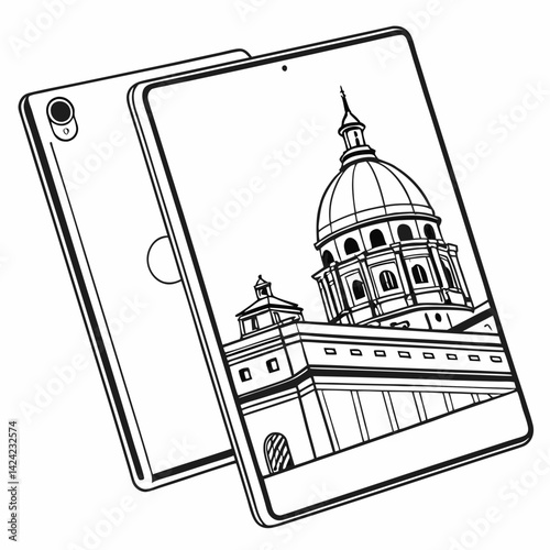 Tablet Mockup With California State Capitol Outline Illustration Black And White Design