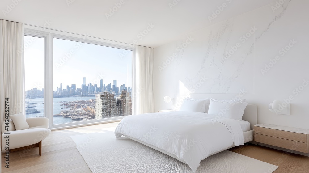 Modern minimalist bedroom with city view Modern minimalist bedroom with city view
