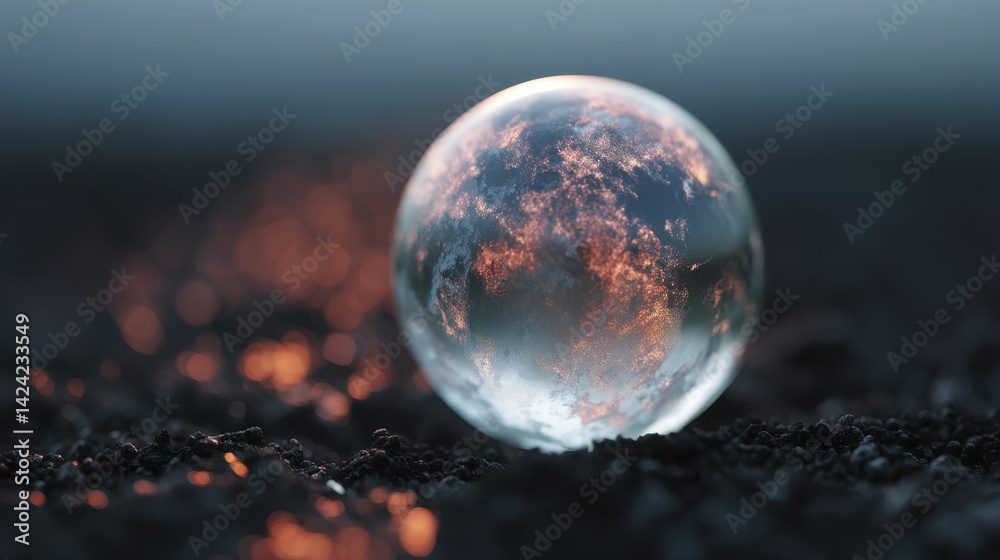 glass sphere encases fiery landscape, reflecting light on dark surface glass sphere encases fiery landscape, reflecting light on dark surface
