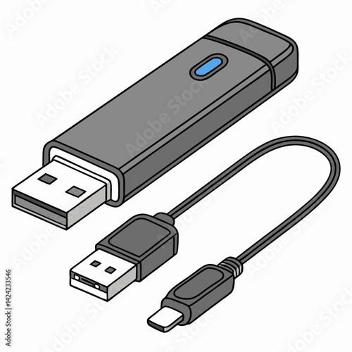 Illustration Of Gray Usb Flash Drive And Usb Cable With A Micro Connector