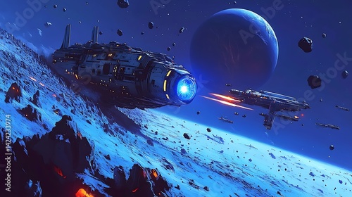 Wallpaper Mural Futuristic Space Scene with Planet and Spaceships Torontodigital.ca