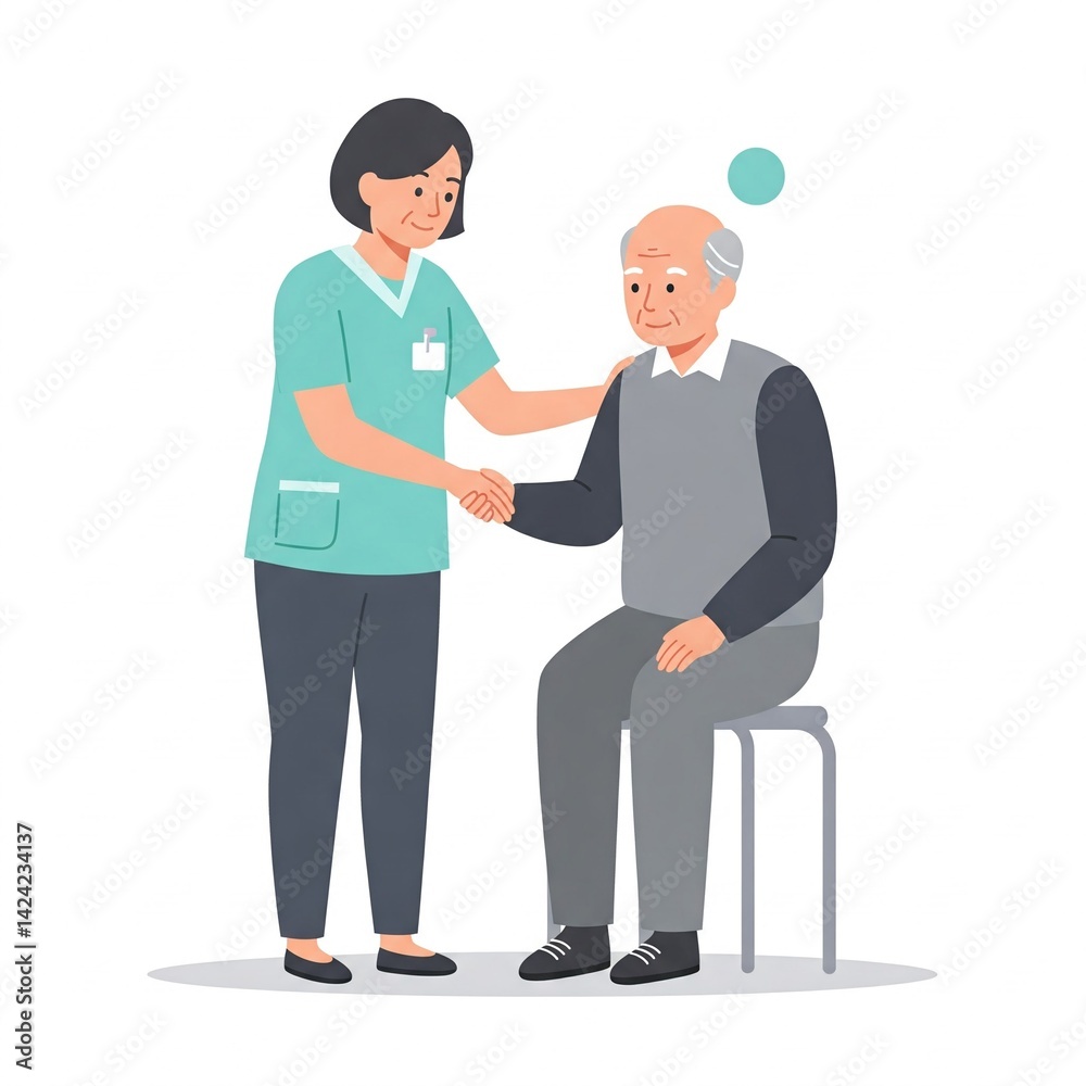 Caregiver supporting elderly man with a handshake in a bright setting Caregiver supporting elderly man with a handshake in a bright setting
