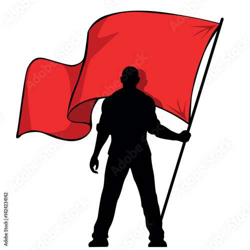 Man with red flag. Silhouette of protesting rebel  holding banner. Vector on transparent background
