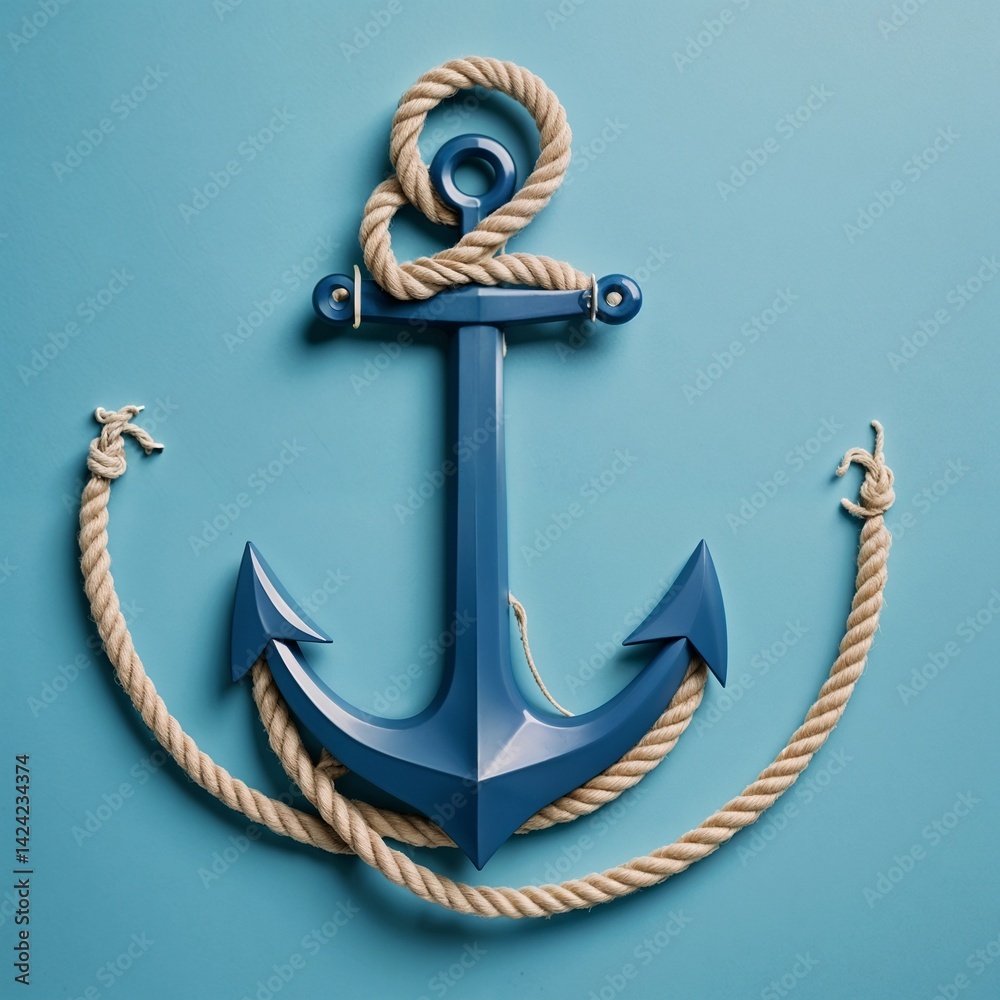 Blue anchor with rope on turquoise background
