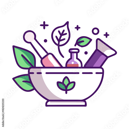 Potion Bowl with Herbs and Tools Icon Representing Herbal Medicine and Elixir Preparation