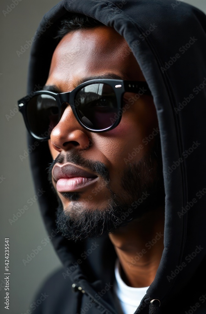 Obraz premium closeup of young african american man with beard wearing sunglasses and black hoodie. contemplative expression with natural light. modern fashion, street style, portrait photography.