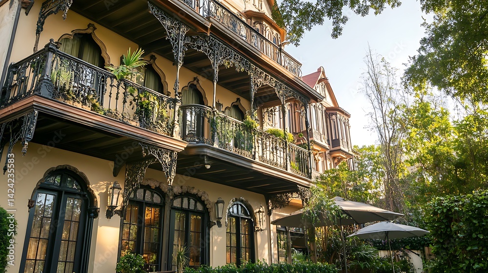 Fototapeta premium Elegant European style hotel facade with ornate balconies, charming architecture, and a vintage