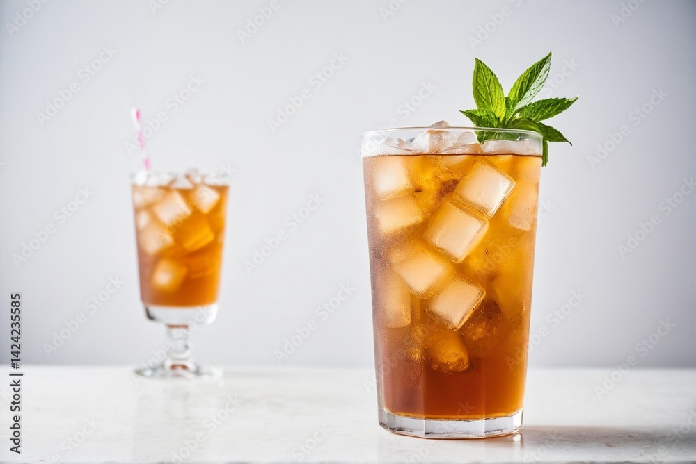 Fototapeta premium Refreshing glassof Iced Tea with Lemon and Condensation in Natural Sunlight